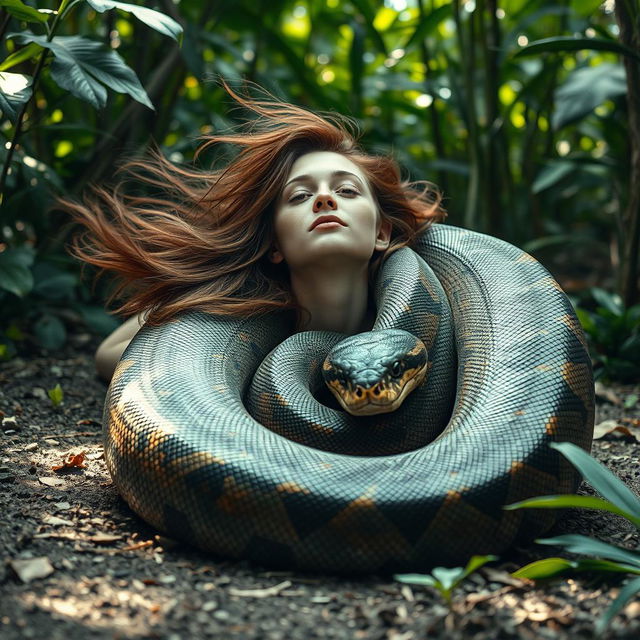 A surreal and artistic scene featuring a woman in her twenties lying on her back on the ground, with a giant reticulated python gracefully coiled around her