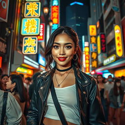 A vibrant nighttime scene in the Kabukicho district of Tokyo, showcasing a confident Tokyo woman in stylish urban clothing, standing in front of glowing neon lights of bars and clubs