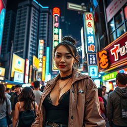 A vibrant nighttime scene in the Kabukicho district of Tokyo, showcasing a confident Tokyo woman in stylish urban clothing, standing in front of glowing neon lights of bars and clubs