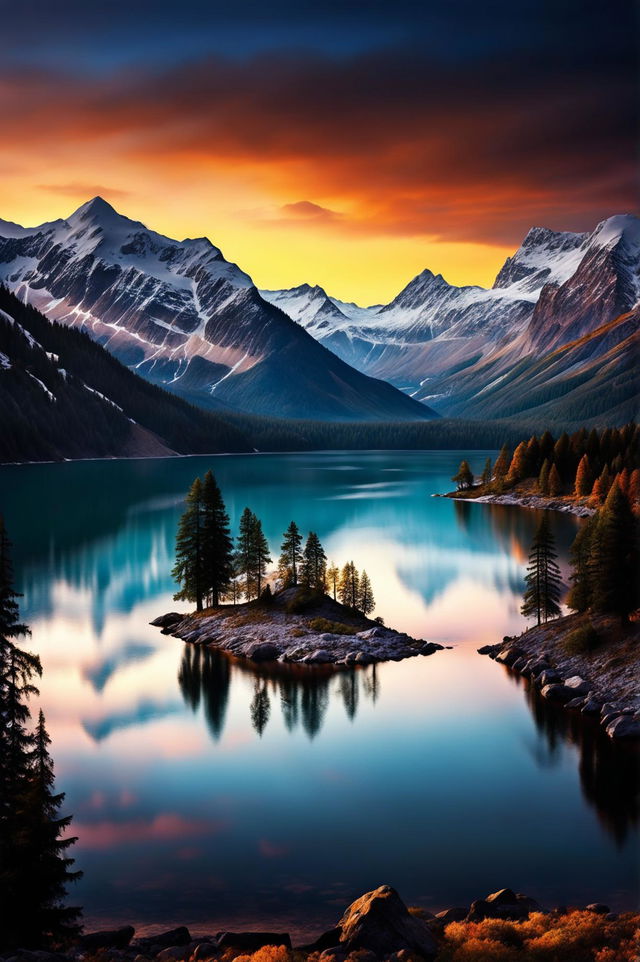 A high-resolution, digital art image of a serene lake surrounded by snow-capped mountains under a colorful sunset sky, perfect for a screensaver