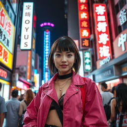 A vibrant nighttime scene in the Kabukicho district of Tokyo, showcasing a confident Tokyo woman in stylish urban clothing, standing in front of glowing neon lights of bars and clubs