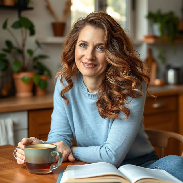 A 42-year-old woman with soft chestnut hair, gently curled in natural waves