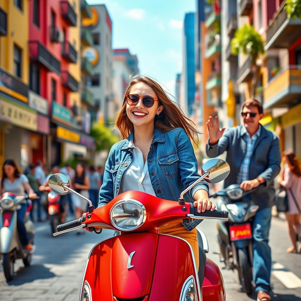 A young woman in a vibrant, bustling city, with colorful buildings and lively streets, joyfully boarding her stylish scooter