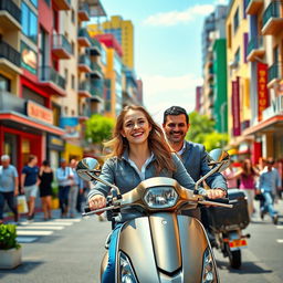A young woman in a vibrant, bustling city, with colorful buildings and lively streets, joyfully boarding her stylish scooter