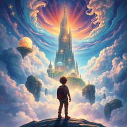 A vibrant and enchanting book cover depicting a young traveler journeying towards a celestial city