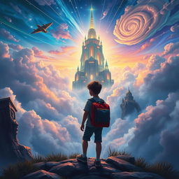 A vibrant and enchanting book cover depicting a young traveler journeying towards a celestial city