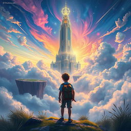 A vibrant and enchanting book cover depicting a young traveler journeying towards a celestial city