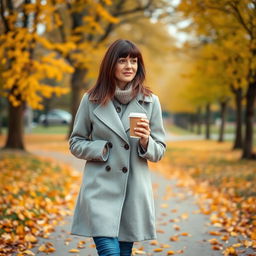 A 40-year-old brunette with straight shoulder-length hair, strolling through a park on an autumn morning