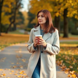 A 40-year-old brunette with straight shoulder-length hair, strolling through a park on an autumn morning