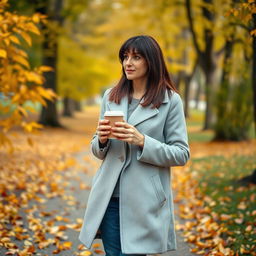 A 40-year-old brunette with straight shoulder-length hair, strolling through a park on an autumn morning