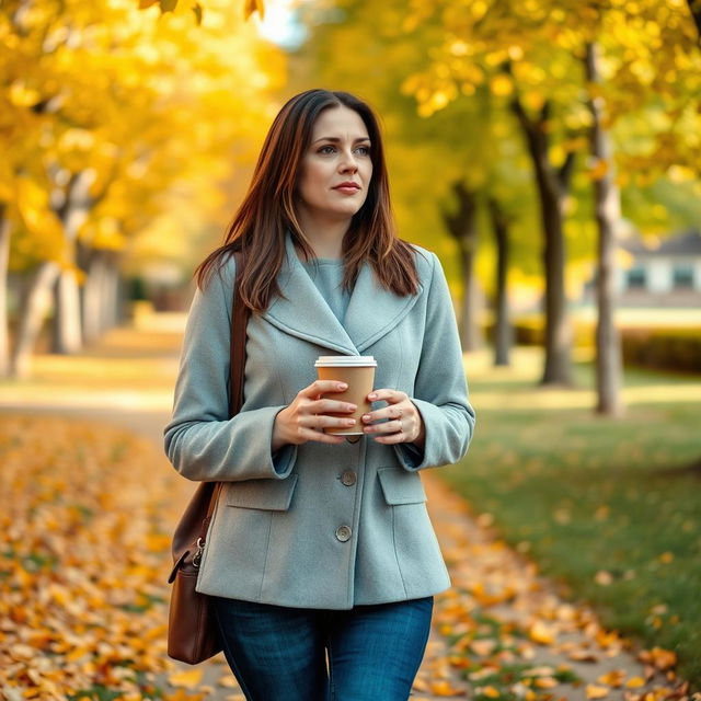 A 40-year-old brunette with straight shoulder-length hair, strolling through a park on an autumn morning