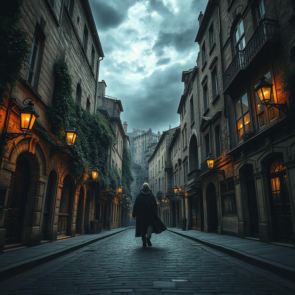 A dramatic scene depicting the ancient Parisian streets above the Catacombs, filled with historical charm and a touch of mystery