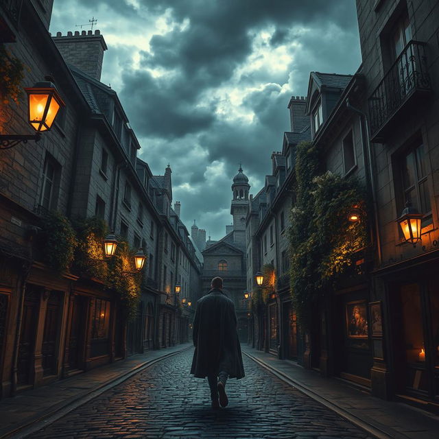 A dramatic scene depicting the ancient Parisian streets above the Catacombs, filled with historical charm and a touch of mystery