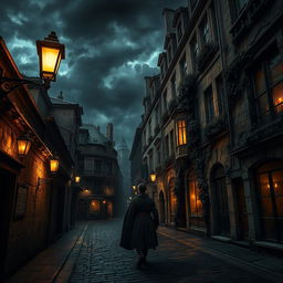 A dramatic scene depicting the ancient Parisian streets above the Catacombs, filled with historical charm and a touch of mystery