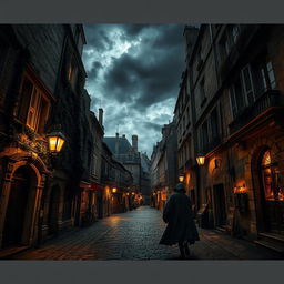 A dramatic scene depicting the ancient Parisian streets above the Catacombs, filled with historical charm and a touch of mystery