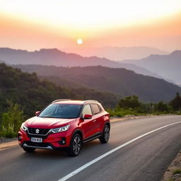 A Suzuki SX4 parked on a scenic mountain road during golden hour, the sun setting in the background casting warm light on the car's sleek design