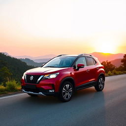 A Suzuki SX4 parked on a scenic mountain road during golden hour, the sun setting in the background casting warm light on the car's sleek design