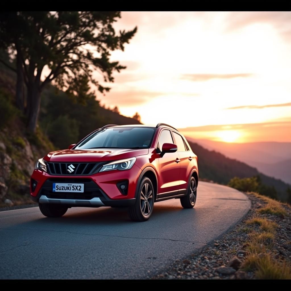 A Suzuki SX4 parked on a scenic mountain road during golden hour, the sun setting in the background casting warm light on the car's sleek design