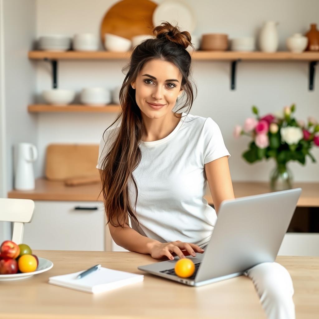 A 35-year-old brunette woman with long hair styled in a messy bun, working on a laptop in a cozy kitchen setting