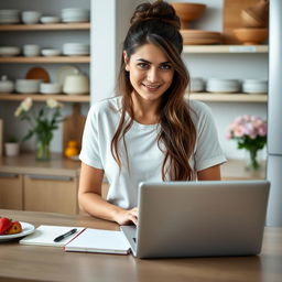 A 35-year-old brunette woman with long hair styled in a messy bun, working on a laptop in a cozy kitchen setting