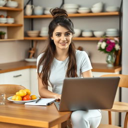A 35-year-old brunette woman with long hair styled in a messy bun, working on a laptop in a cozy kitchen setting