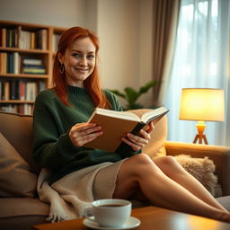 A 34-year-old woman with red hair and freckles, sitting on a sofa in a cozy living room while holding a book