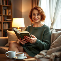 A 34-year-old woman with red hair and freckles, sitting on a sofa in a cozy living room while holding a book