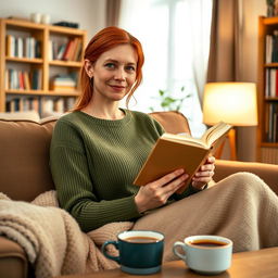 A 34-year-old woman with red hair and freckles, sitting on a sofa in a cozy living room while holding a book