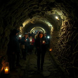 A captivating scene featuring tourists exploring the eerie tunnels of ancient Paris, set deep within the Catacombs