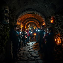 A captivating scene featuring tourists exploring the eerie tunnels of ancient Paris, set deep within the Catacombs