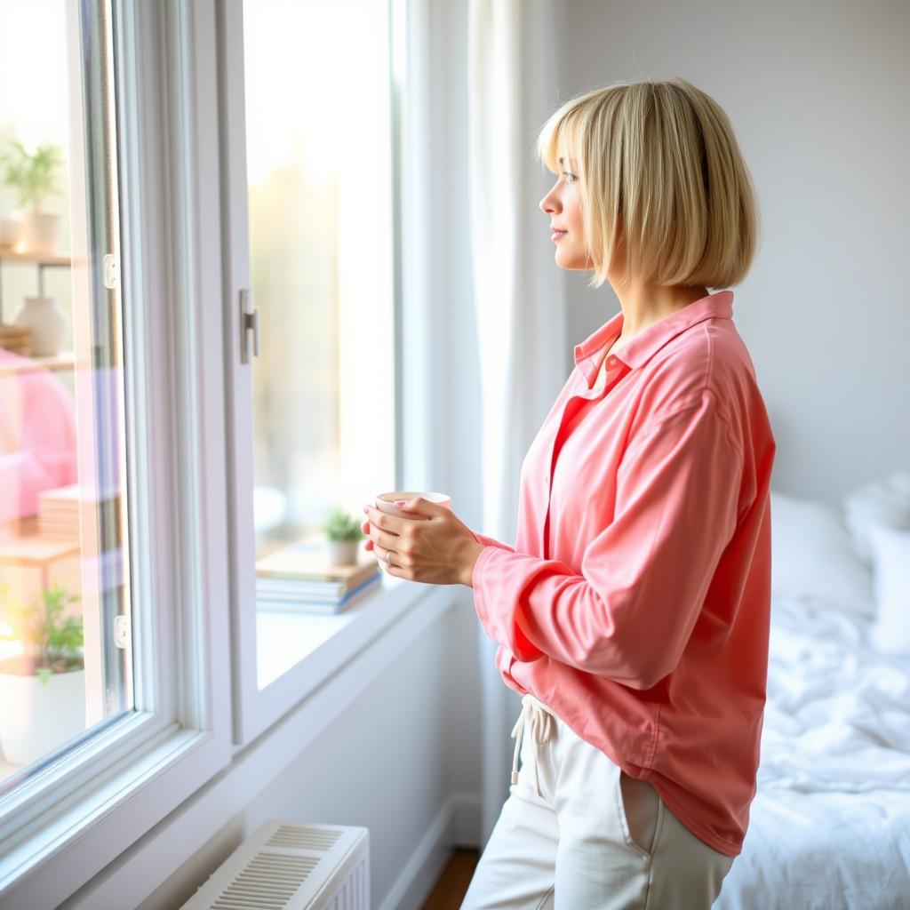 A 32-year-old blonde woman with a short bob haircut stands by the window in her bedroom