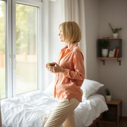 A 32-year-old blonde woman with a short bob haircut stands by the window in her bedroom
