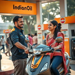 An IndianOil fuel station setting, depicting a friendly attendant warmly greeting a young woman as she arrives on her scooter