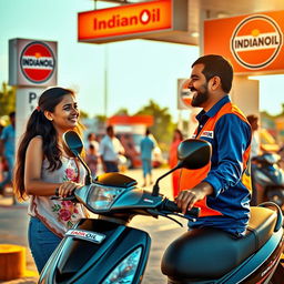 An IndianOil fuel station setting, depicting a friendly attendant warmly greeting a young woman as she arrives on her scooter