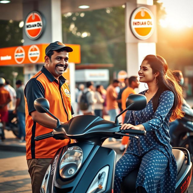 An IndianOil fuel station setting, depicting a friendly attendant warmly greeting a young woman as she arrives on her scooter