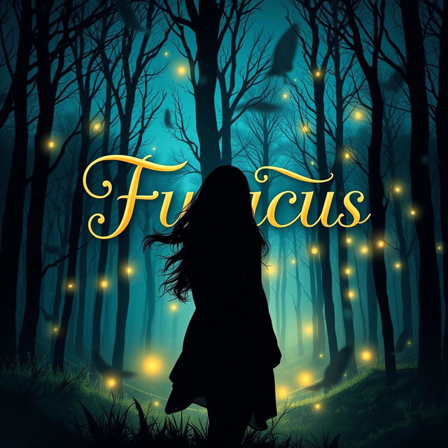 A captivating book cover design, featuring a mysterious forest at twilight with ethereal glowing lights among the trees