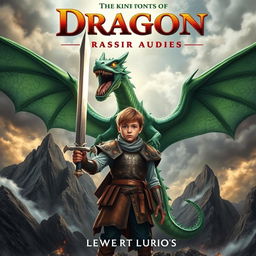 An epic book cover design featuring a young boy standing bravely in front of a giant dragon