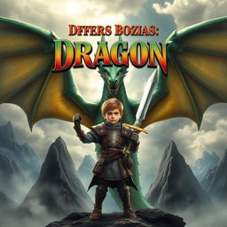 An epic book cover design featuring a young boy standing bravely in front of a giant dragon