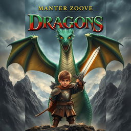 An epic book cover design featuring a young boy standing bravely in front of a giant dragon