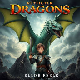 An epic book cover design featuring a young boy standing bravely in front of a giant dragon