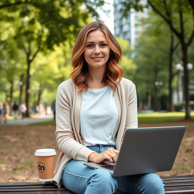 A 33-year-old woman with shoulder-length light brown wavy hair sits on a bench in an urban park