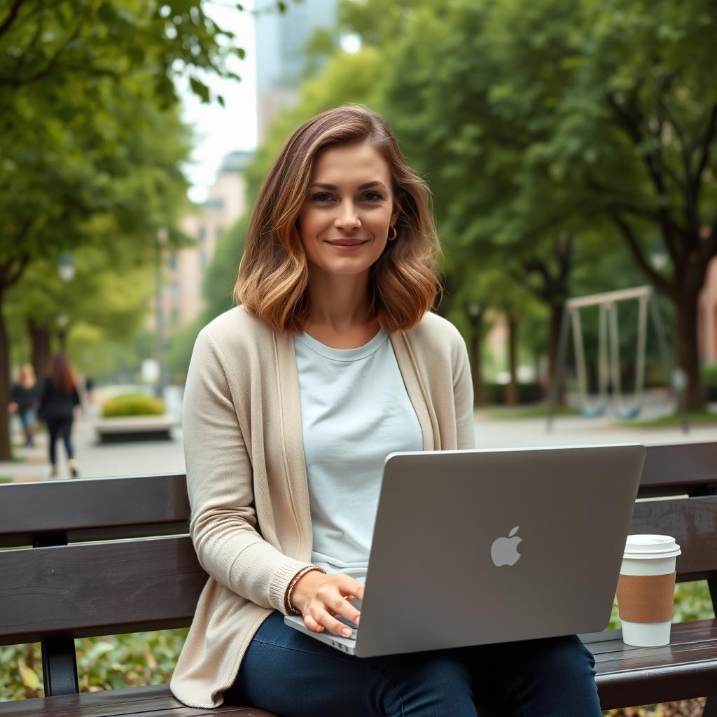 A 33-year-old woman with shoulder-length light brown wavy hair sits on a bench in an urban park