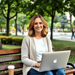 A 33-year-old woman with shoulder-length light brown wavy hair sits on a bench in an urban park