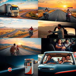 A dynamic montage showcasing a variety of people using IndianOil fuel across different settings: truck drivers navigating vast highways, bikers cruising along scenic routes, and families happily journeying together in their car