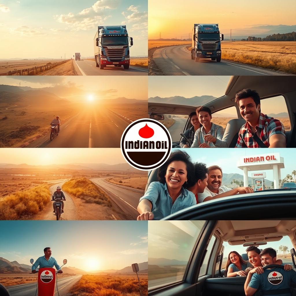 A dynamic montage showcasing a variety of people using IndianOil fuel across different settings: truck drivers navigating vast highways, bikers cruising along scenic routes, and families happily journeying together in their car