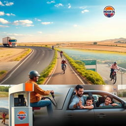 A dynamic montage showcasing a variety of people using IndianOil fuel across different settings: truck drivers navigating vast highways, bikers cruising along scenic routes, and families happily journeying together in their car