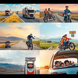 A dynamic montage showcasing a variety of people using IndianOil fuel across different settings: truck drivers navigating vast highways, bikers cruising along scenic routes, and families happily journeying together in their car