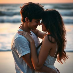A passionate and romantic embrace between a young couple, capturing an intimate moment in a beautifully lit setting