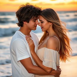 A passionate and romantic embrace between a young couple, capturing an intimate moment in a beautifully lit setting