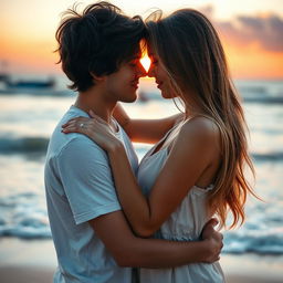 A passionate and romantic embrace between a young couple, capturing an intimate moment in a beautifully lit setting